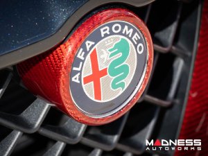 Alfa Romeo Stelvio Front V Shield Grill Frame + Emblem Frame Kit - Carbon Fiber - Red Candy - QV Model